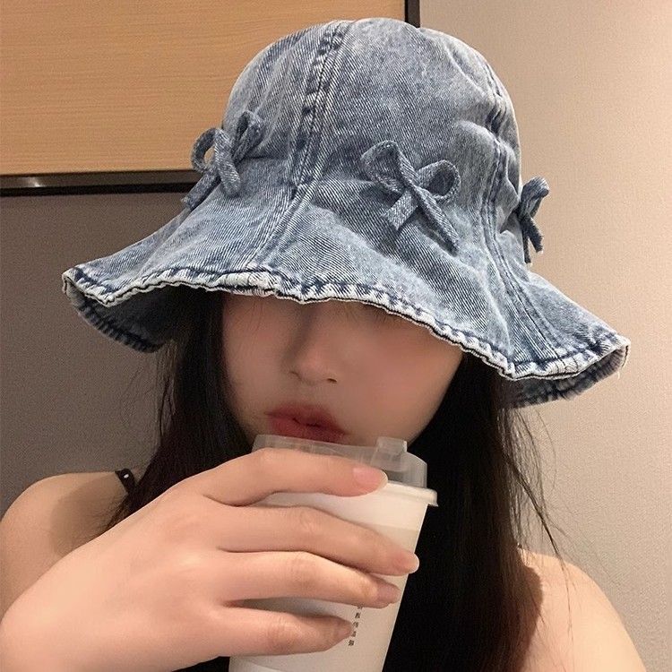 Cappello da pescatore a forma di fiocco che valorizza la forma del tuo viso, cappello da sole retrò in denim con tesa pieghevole, alla moda e trendy._voghion.com