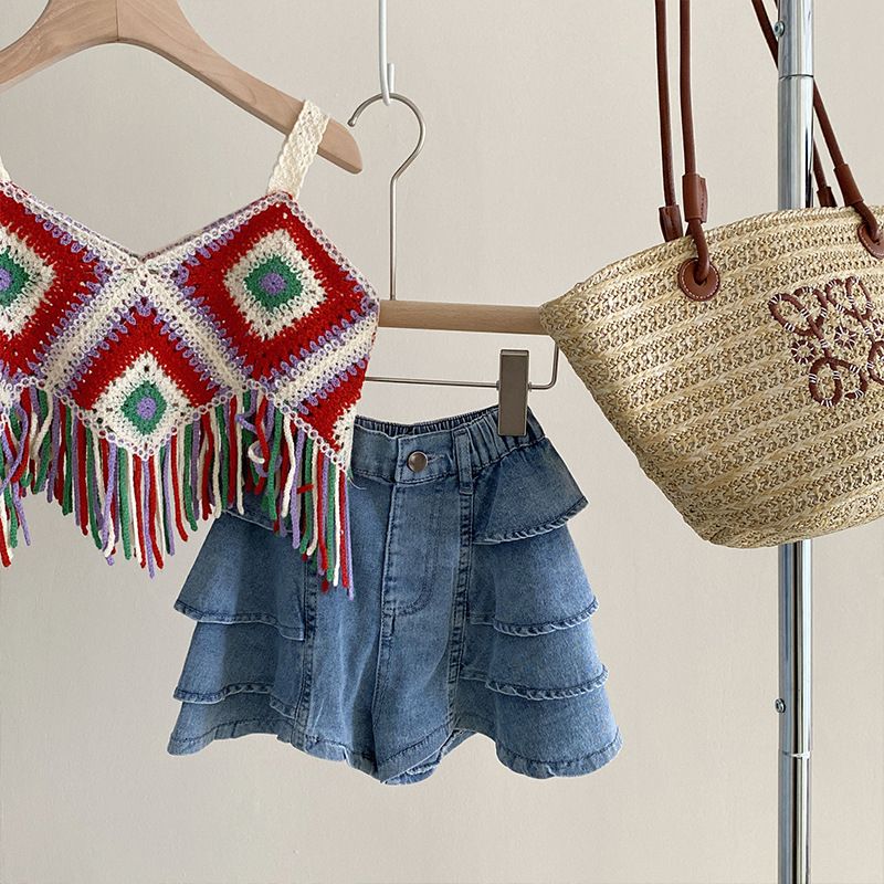 Set di pantaloncini da torta in denim con reggicalze e nappe lavorate a maglia cava per bambini_voghion.com