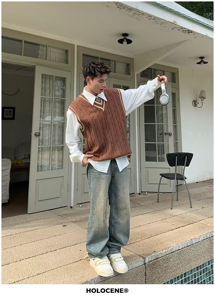 Herrenbekleidung Amerikanische Retro-modische V-Ausschnitt Preppy-Style Pullover Weste Herren Herbst und Winter Twist Kontrastfarbe lockere Weste ärmelloses Hemd_voghion.com