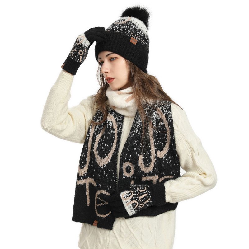 Fashion Winter Knitted Women's Jacquard Thickened Imitation Mink Scarf, Hat And Gloves Three-piece Set_voghion.com