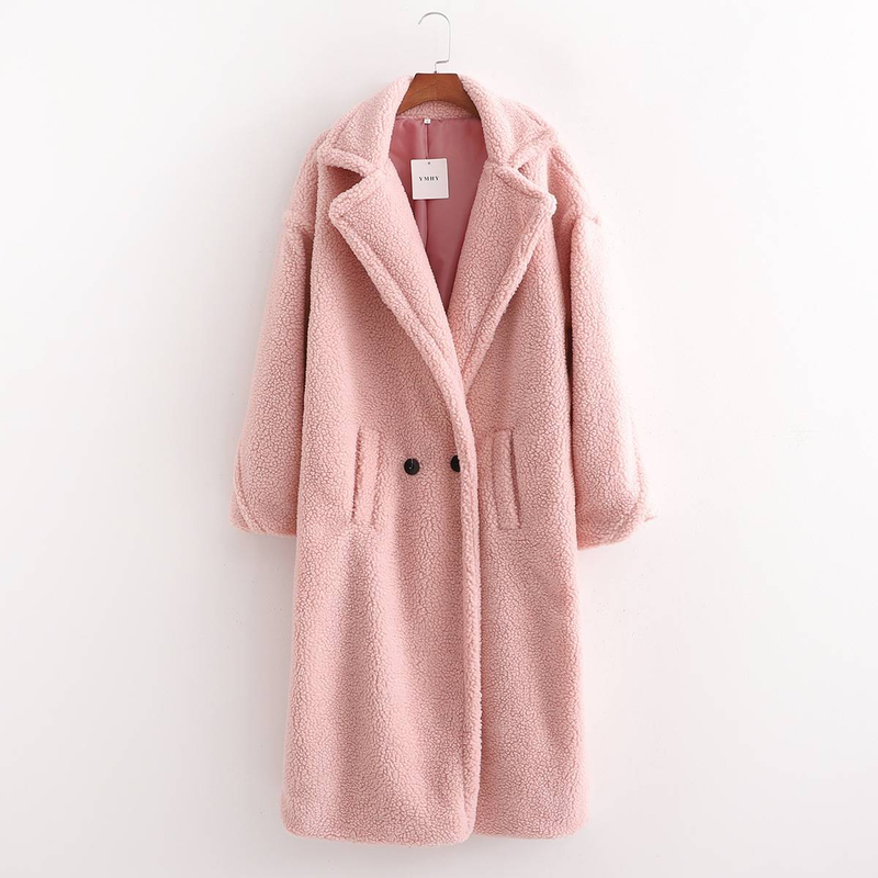 Roupas femininas lã grossa rosa terno colarinho casaco comprimento médio sobretudos_voghion.com