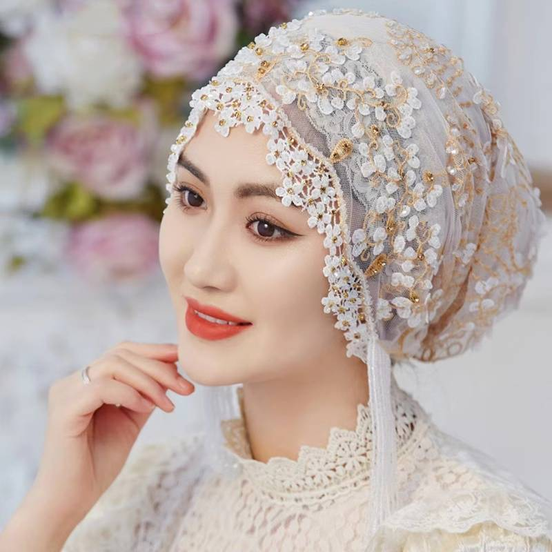 Ethnic Style Hat Saree Cover Head Silk Embroidery Heavy Handmade Sleeve Tassel Headband Hair Covering Hat_voghion.com