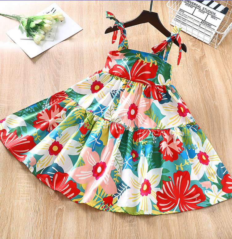 Falda de verano para niñas, nuevo estilo coreano, vestido plisado de moda para niñas de talla mediana y grande, falda de princesa con tirantes florales._voghion.com
