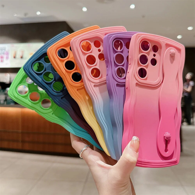 Wrist Strap Bracket Wave Curly Case For Samsung S24 S23 Ultra S22 S21 Plus FE A05 A24 A34 A54 A13 A23 A53 A73 Soft_voghion.com