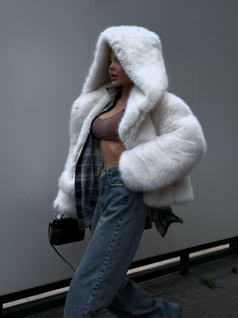 "Elegant Hooded Faux Fur Jacket For Women, Short Plush Coat With Button Detail, Winter & Fall Soft Outerwear_voghion.com
