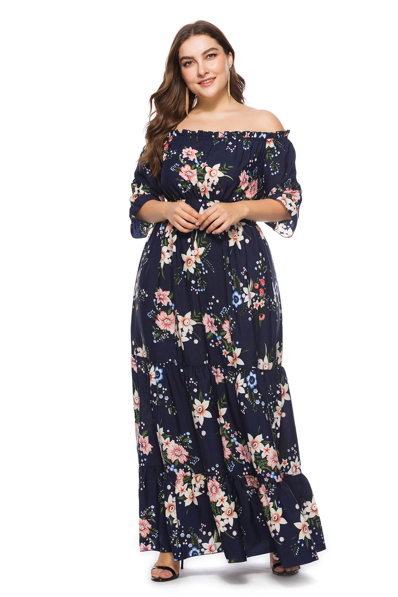 Kadın Büyük Beden Elbiseler Yaz Tek Çizgi Yaka Boho Elbise_voghion.com