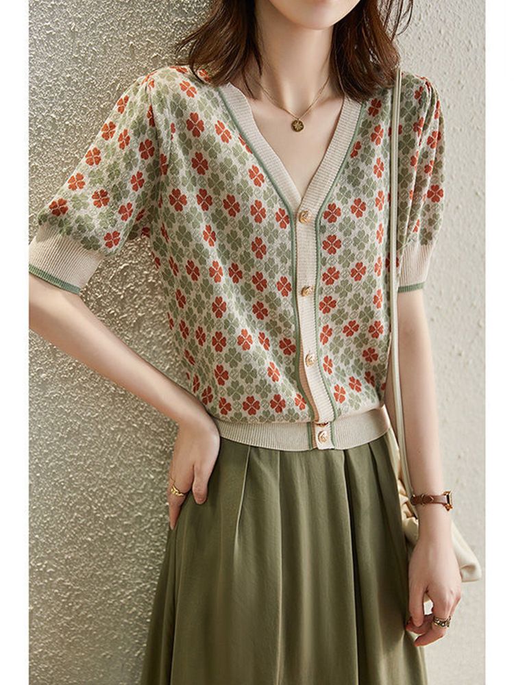 Cardigan tricoté mi-long à col en V pour femme, nouveau style printemps 2024, haut ample à manches cinq-quarts avec taille cintrée en jacquard occidental_voghion.com