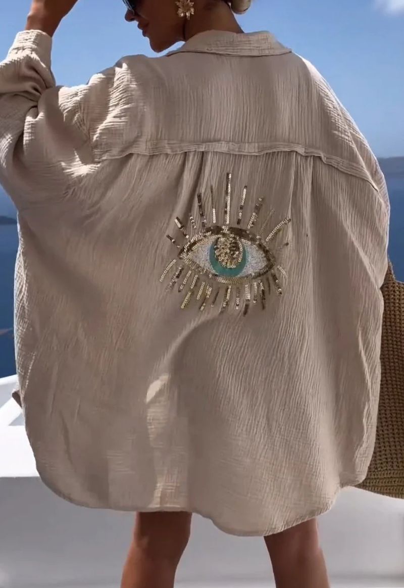 Chemise boutonnée décontractée à manches longues en mélange de lin et de coton pour femme, avec motif à œillets et détails en feuille d'or – Coupe décontractée, haut tendance printemps-été_voghion.com