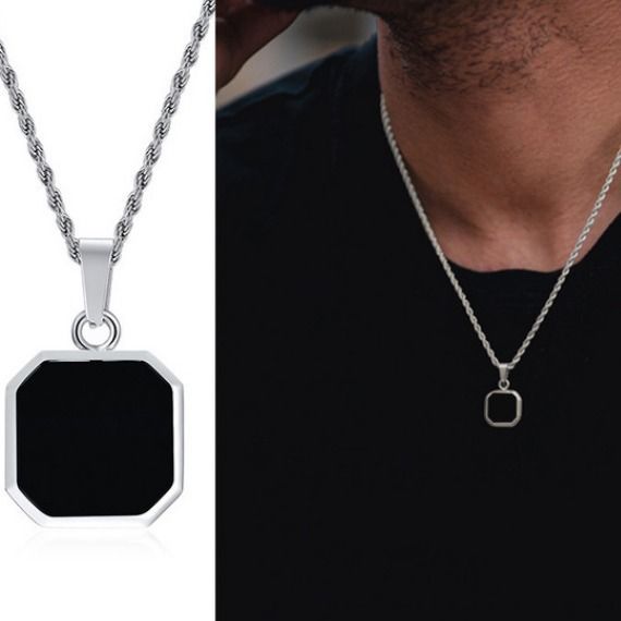 stainless steel geometric square black dripping glue necklace men's simple niche hip hop titanium steel pendant_voghion.com
