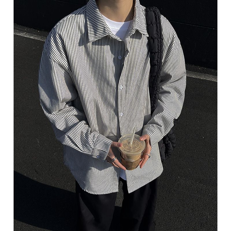 Camicia in denim a righe da uomo, idea a strati, giacca primaverile e autunnale 2025 in stile americano, vestibilità ampia e pulita, per adolescenti_voghion.com