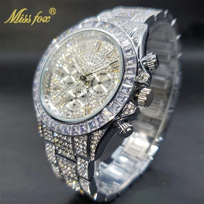 MISSFOX hommes montres de luxe grand boîtier avec Baguette plein diamant Quartz montre-bracelet chronographe calendrier montre_voghion.com