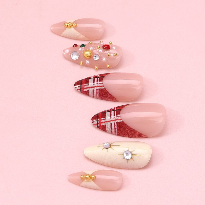 Consigli indossabili per Natale, unghie scintillanti multistrato con motivo a quadri rossi di alta qualità e mandorla francese, adesivi per unghie_voghion.com