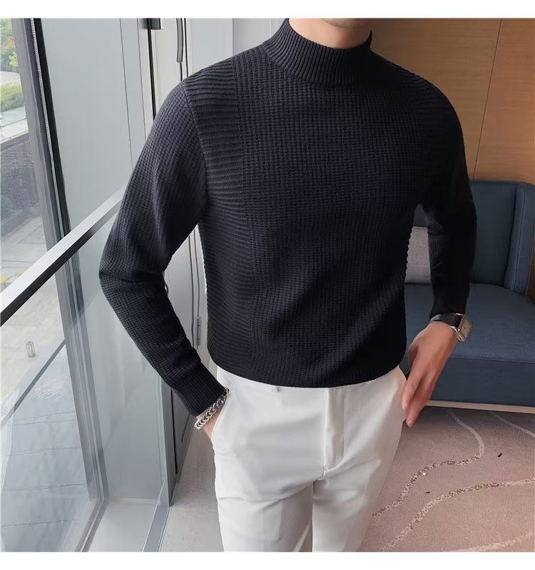 Herrenbekleidung Herren-Basispullover Frühling und Herbst neuer Slim Fit-Pullover mit mittlerem Halsausschnitt im koreanischen Stil mit halbhohem Kragen_voghion.com