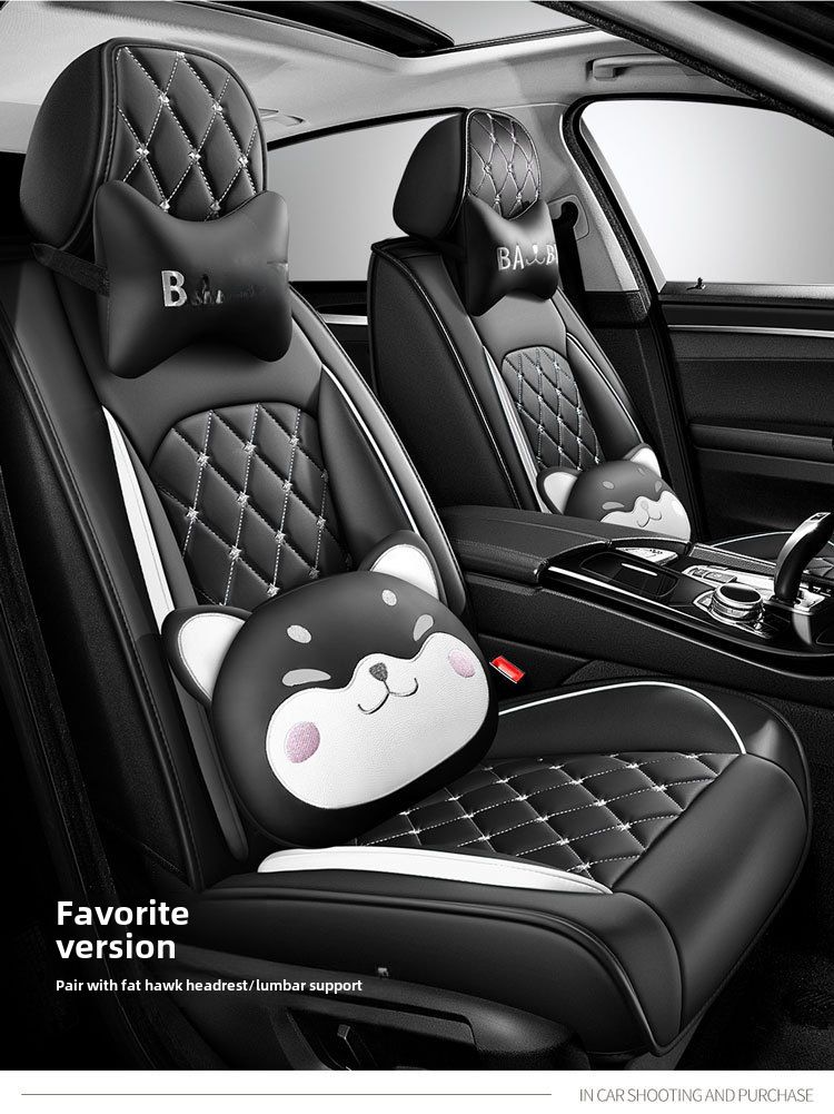 Nueva funda para asiento de coche con diseño de dibujos animados de cabeza de perro universal para las cuatro estaciones con cojín de cuero con diamantes y todo incluido de Crown_voghion.com