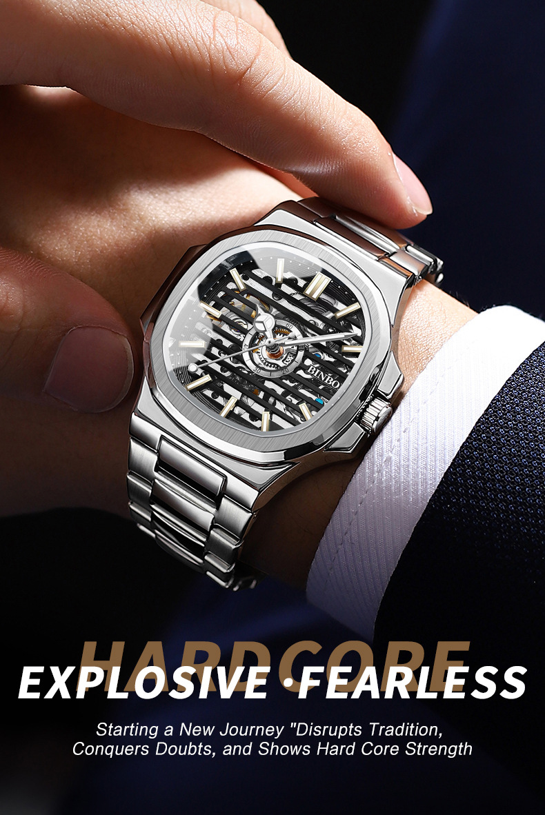 Montre homme d'affaires avec bracelet en acier inoxydable, aiguilles lumineuses, cadran squelette, mouvement automatique, étanche._voghion.com