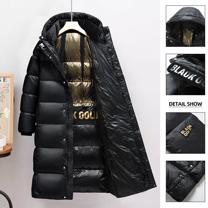 Neu Schwarz Gold Daunenjacke für Herren, lange Jacke, Winter, verdickte Arbeitskleidung, mit Kapuze, warme_voghion.com