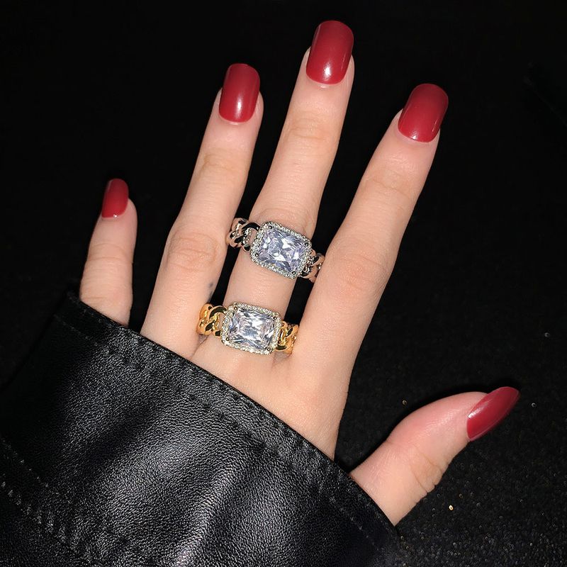 Anello alla moda in argento con catena cubana, micro pavé, geometrico, rettangolare, zircone, da uomo e da donna, tendenza primavera_voghion.com