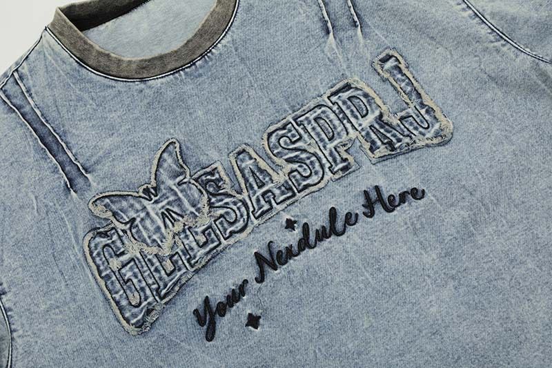 Vīriešu apģērbs Amerikāņu moderns zīmola burtu plāksteris izšuvums mazgāts nomocīts džinsa īsās piedurknes T-krekls Vīriešu jauns moderns zīmola brīvs T-krekls_voghion.com