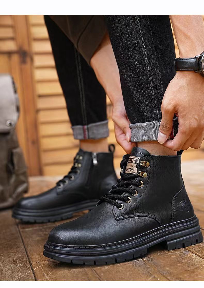 Bottes de travail rétro classiques pour homme – Bottes de moto mi-mollet en cuir PU à bout rond et semelle épaisse antidérapante (noir/marron)_voghion.com
