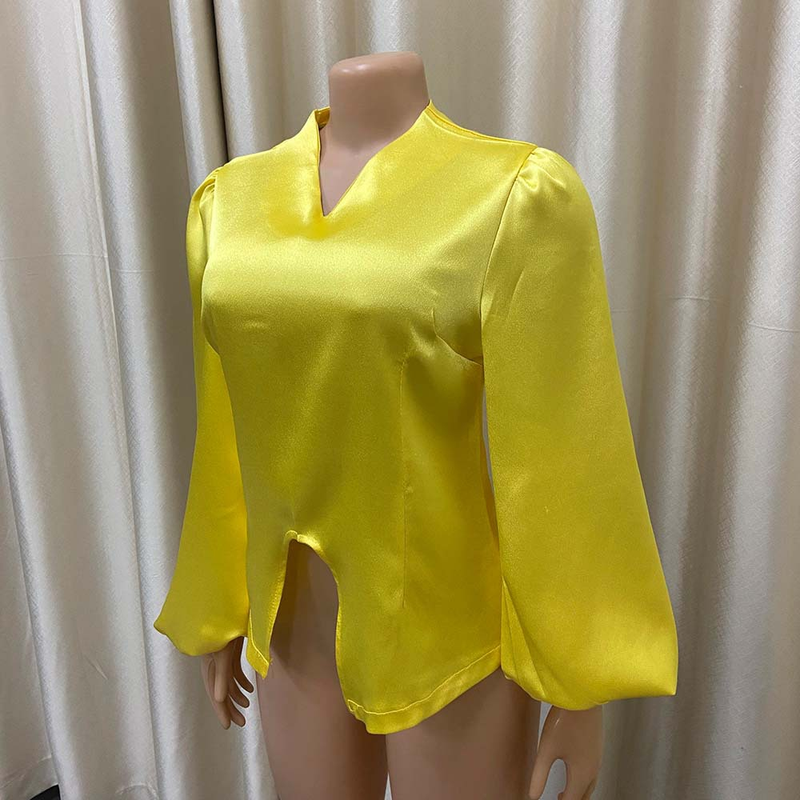 Top da pendolare con scollo a V, temperamento, maniche a lanterna, tinta unita, da donna_voghion.com