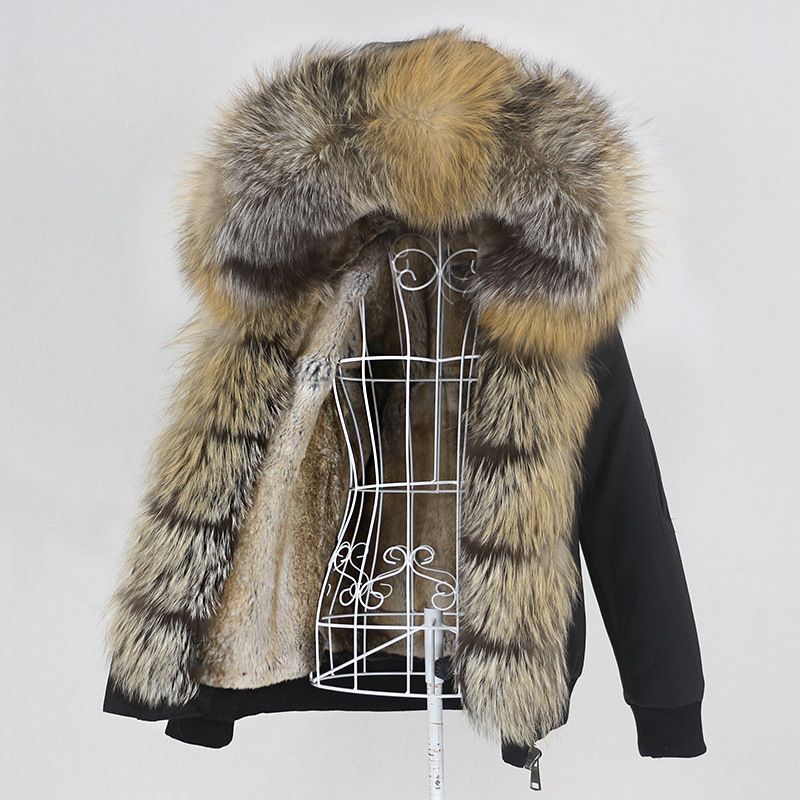 Damenbekleidung Parka im neuen Stil mit dickem Kaninchenfellfutter, abnehmbarem echtem Fuchspelz, großer Pelzkragenjacke, Pelzmantel_voghion.com