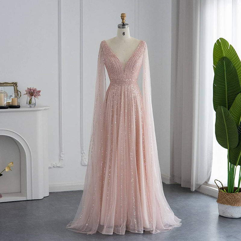 Women's Clothing Luxury Floor-Length Evening Gown With Flowing Sleeves – Slimming V-Neck, Waist-Cinching Design (Champagne/Pink/Blue/Green)_voghion.com