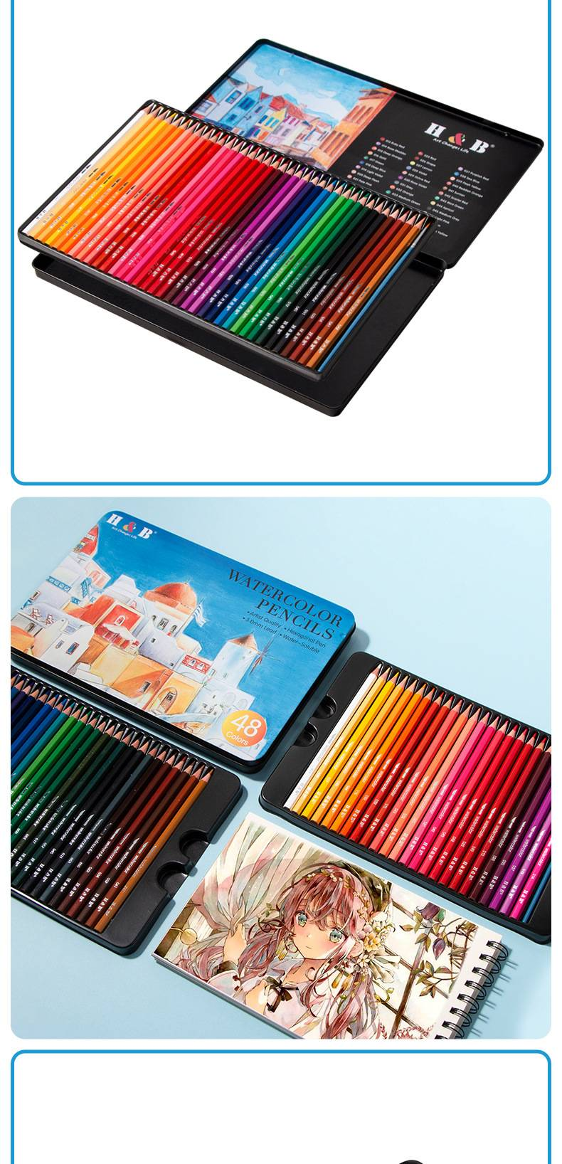 H&B Watercolor Pencils Set 36/48 Colors, Wooden Case, Non-Toxic & Blendable Art Supplies For Kids, Adults, Beginners & Professionals_voghion.com