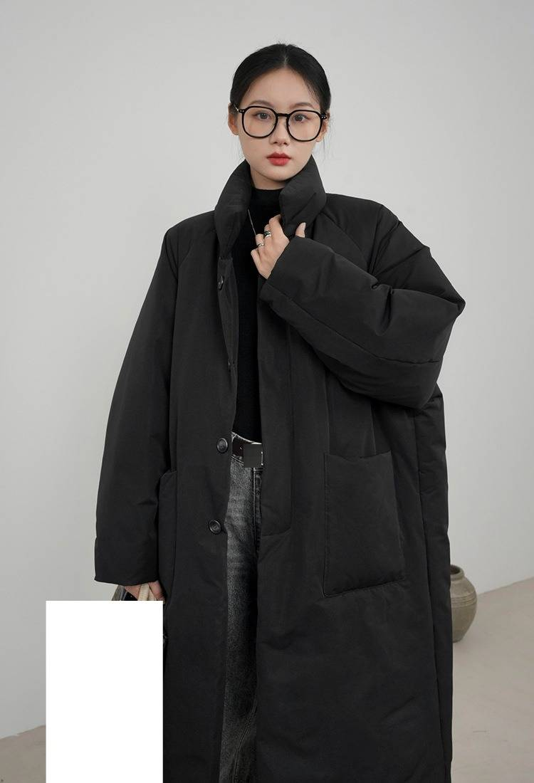 Women's Winter Long Puffer Coat With Stand Collar, Loose Fit, Stylish Outerwear For Cold Weather - Black, Khaki_voghion.com