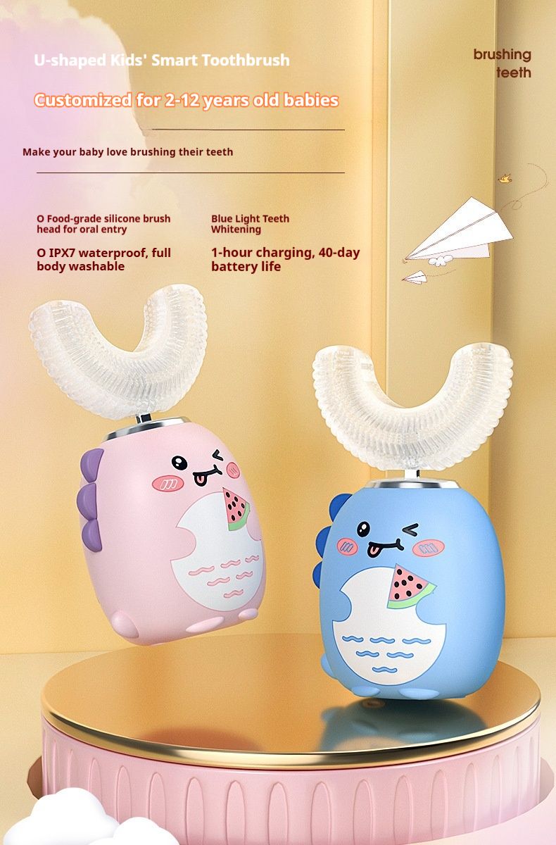 Cartoon Little Dinosaur U Shaped Children's Electric Toothbrush 3 6 12 Years Old With Toothpaste Rechargeable Waterproof Sonic Baby Toothbrush_voghion.com