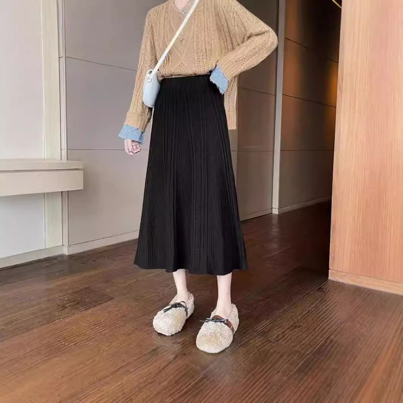 Jupe midi en maille pour femme - Jupe plissée extensible taille haute, coupe trapèze, coupe ample et confortable, un indispensable de la garde-robe automne-hiver._voghion.com