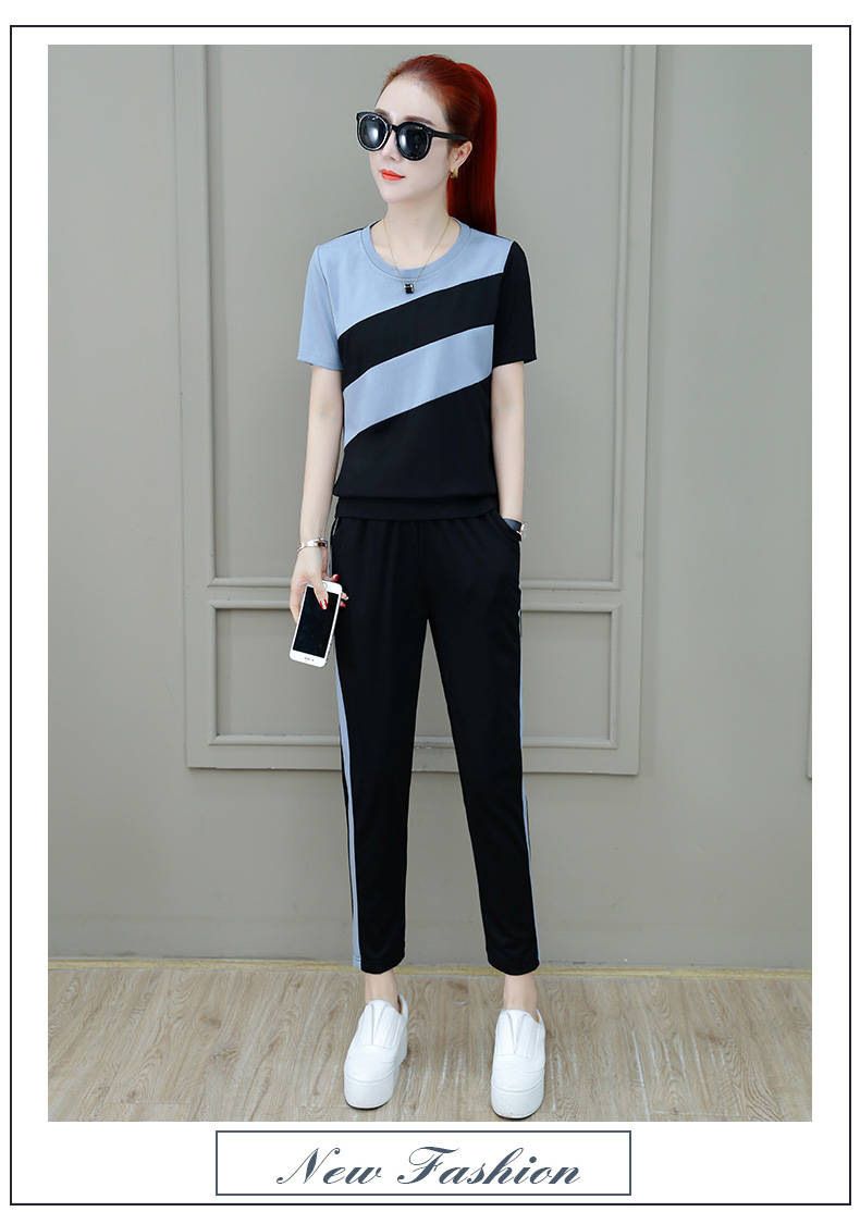 2025 Summer Women's Korean Style Loose Plus Size Color Block Short Sleeve T-Shirt And Long Pants Running Casual_voghion.com