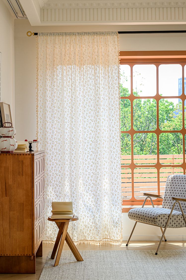 Cortinas de algodón semitransparentes de estilo japonés, sin perforaciones, con ganchos y ojales, con estampado floral bohemio y garabatos para sala de estar y dormitorio._voghion.com