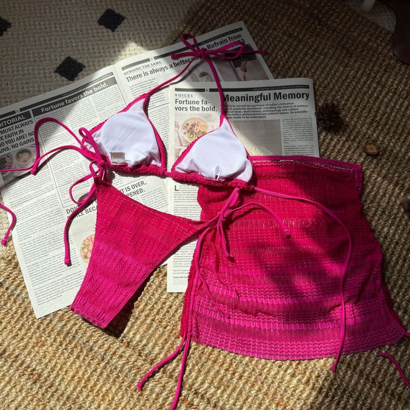 2025 New European And American Gradient Mesh Three Piece Beach Short Skirt Sexy Bikini_voghion.com