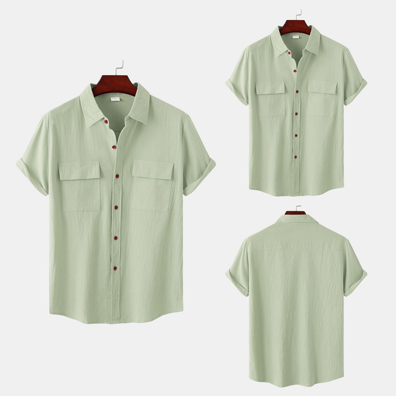 Camicia a maniche corte casual alla moda di grandi dimensioni in lino di cotone sciolto tinta unita estate 2023 dei nuovi uomini_voghion.com