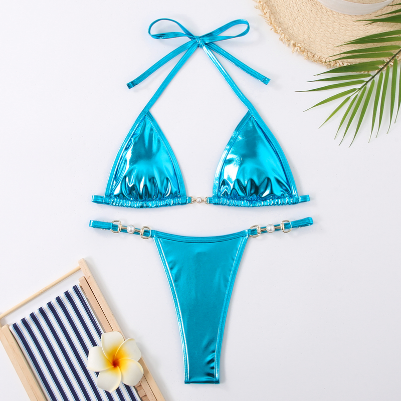 Women's Clothing Sexy Bikini Women's Two Piece Strap Bright Solid Color Swimsuit_voghion.com
