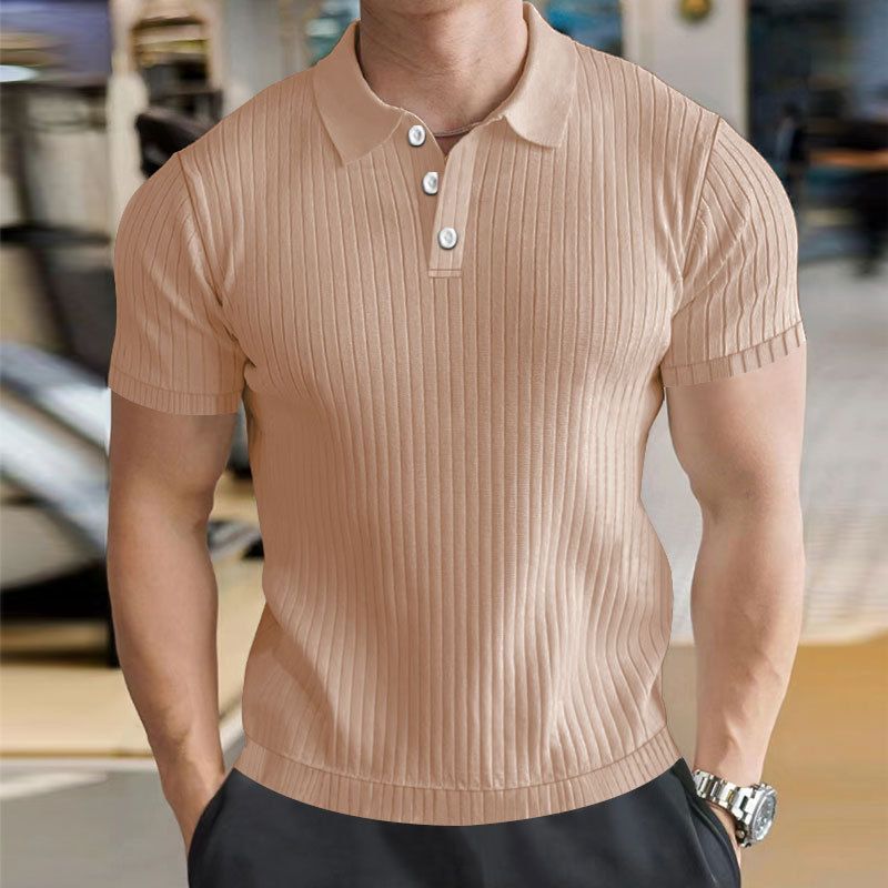 24 men's solid color short sleeved summer casual vertical stripe polo versatile temperament buckle T-shirt_voghion.com