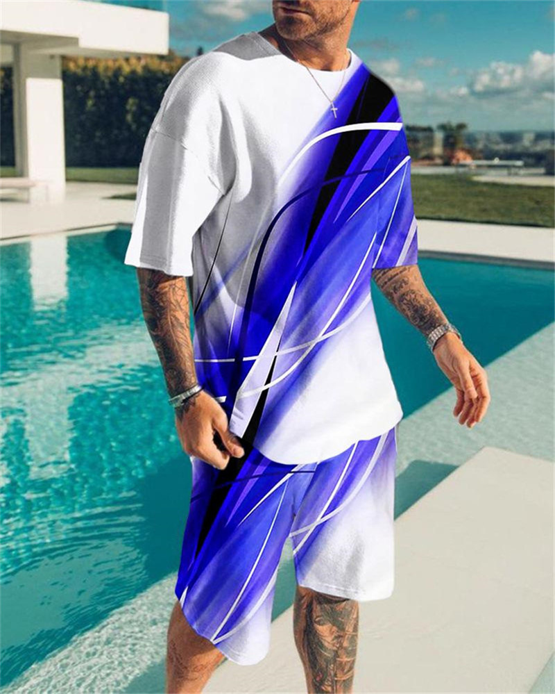 Summer 2024 New Trend 3D Digital Printing Short Sleeve Men's Casual Beach Pants Set_voghion.com