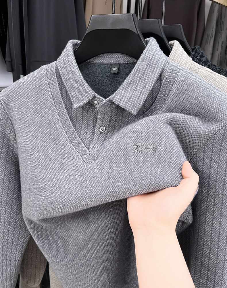 Men's Fake Two-Piece Turn-Down Collar Thickened Sweater Winter New Fleece-Lined Warm Middle-Aged Base Knitwear Top_voghion.com