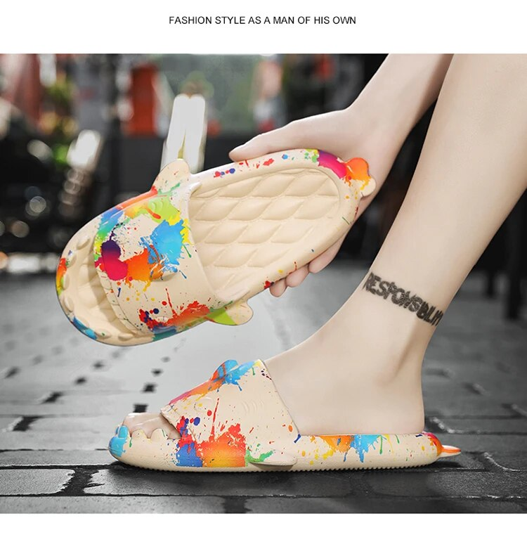 Pantoufles de requin antidérapantes pour hommes et femmes, chaussures plates de salle de bain pour Couple et enfants, sandales amusantes de plage en plein air_voghion.com
