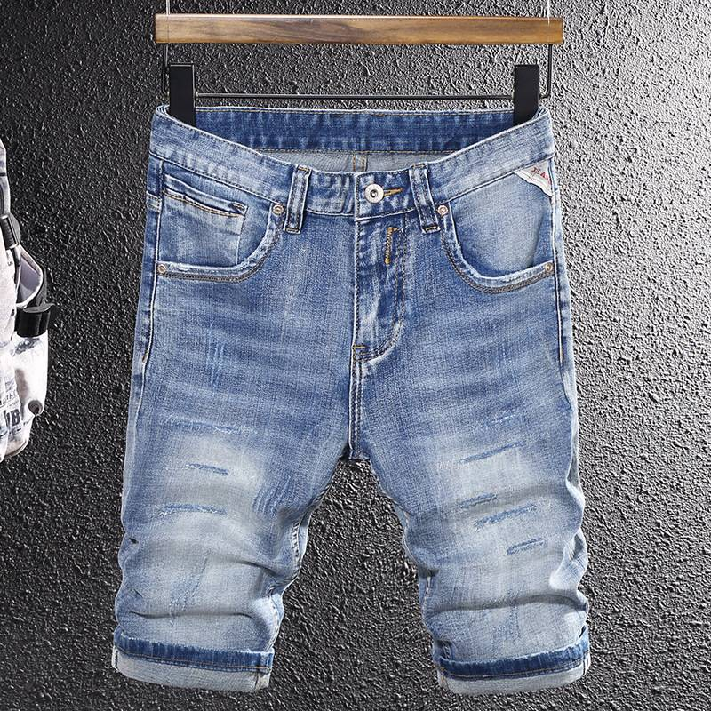 Eenvoudige trend lichtblauwe gescheurde denim herenshorts Herenmode Veelzijdige casual stretchshorts Halflange broek voor heren_voghion.com