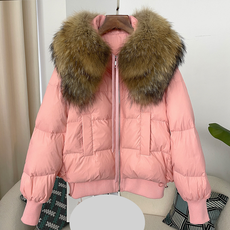 Dameskleding Oversized wasbeerbontkraag Winter Dames korte verdikte witte eendendonsjas platte jas jas_voghion.com