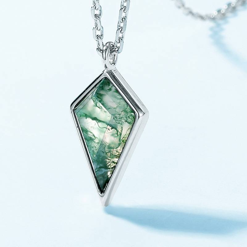 Collana in pietra di muschio verde geometrica naturale S925, confezione in argento con intarsi in agata erba acquatica, catena per clavicola versatile_voghion.com