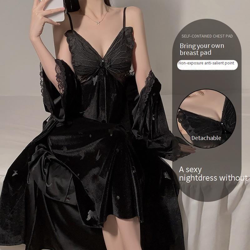 Lingerie sexy da donna, pigiama in velluto con spacchi laterali lunghi e imbottitura sul petto, vestaglia esterna aperta da notte, completo da donna_voghion.com
