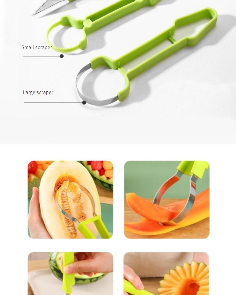 Drei-in-Eins-Obstschnitzmesser, Obstballenausstecher, Edelstahl-Obstschnitzmesser, Wassermelonen-Ausstecher, dreiteiliges Set_voghion.com
