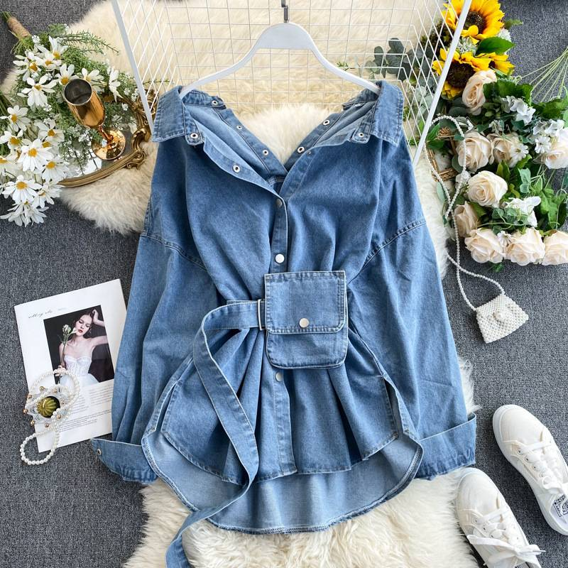 Camicia in denim versatile con cintura regolabile e design senza schienale: stile multiuso per le donne_voghion.com