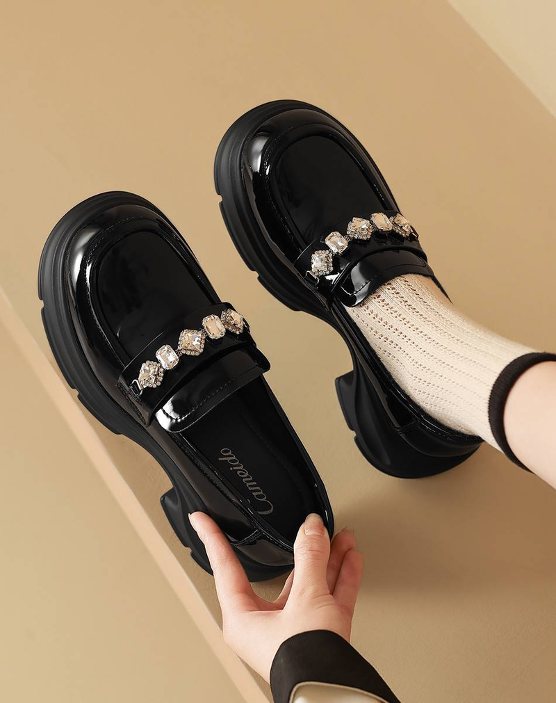 Cameido Women's Black Shiny Synthetic Leather Round Toe 6CM Loafers - Comfortable & Stylish_voghion.com