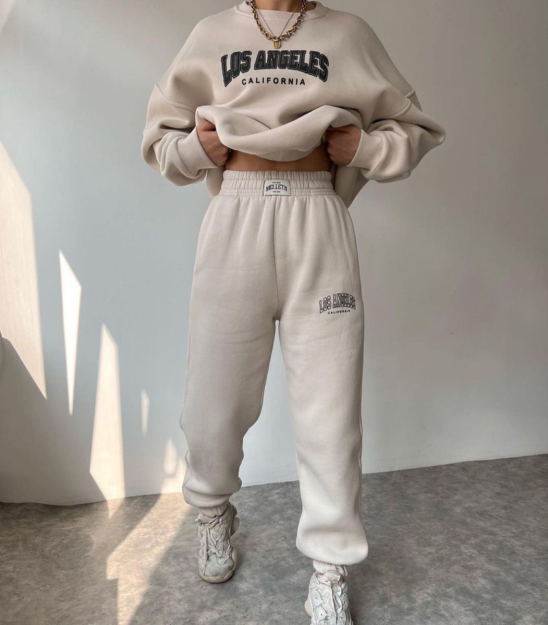 Damenbekleidung Lässiger, modisch bedruckter, verdickter Anzug plus Samt-Sweatshirt mit langen Ärmeln_voghion.com