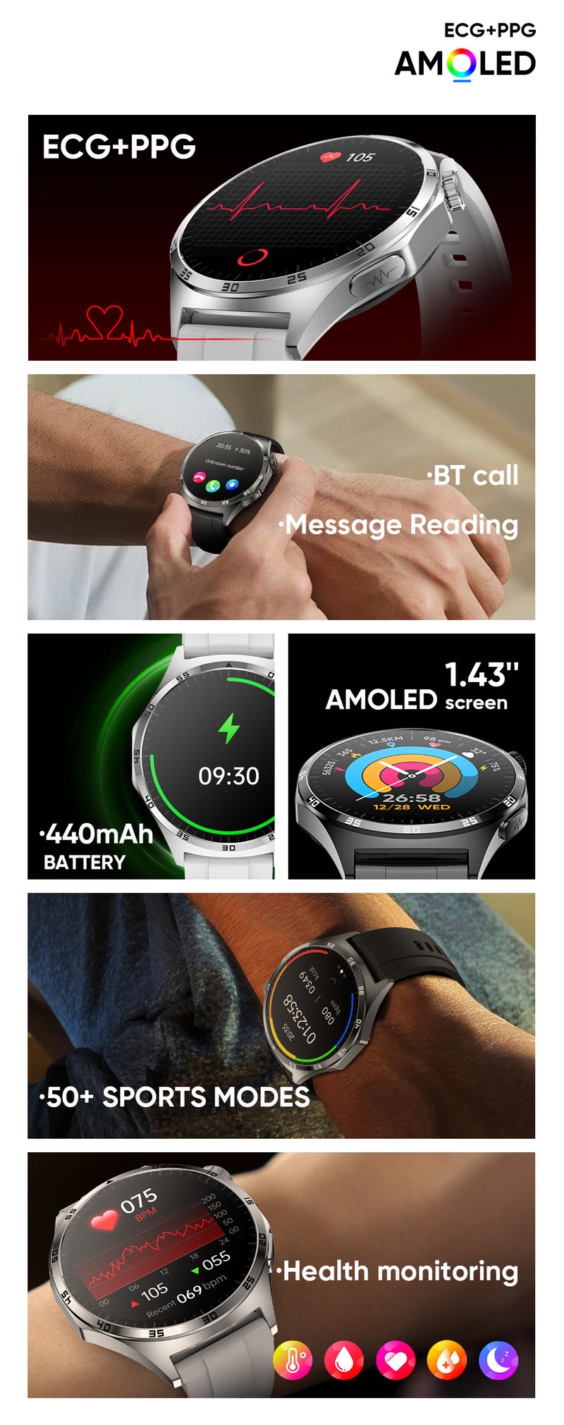 Akıllı Saat EKG ve PGG İzleme, AMOLED Ekran, Bluetooth Arama, Kalp Atış Hızı ve Kan Basıncı Takibi, Uyku Analizi, Su Geçirmez, Çoklu Kayış_voghion.com