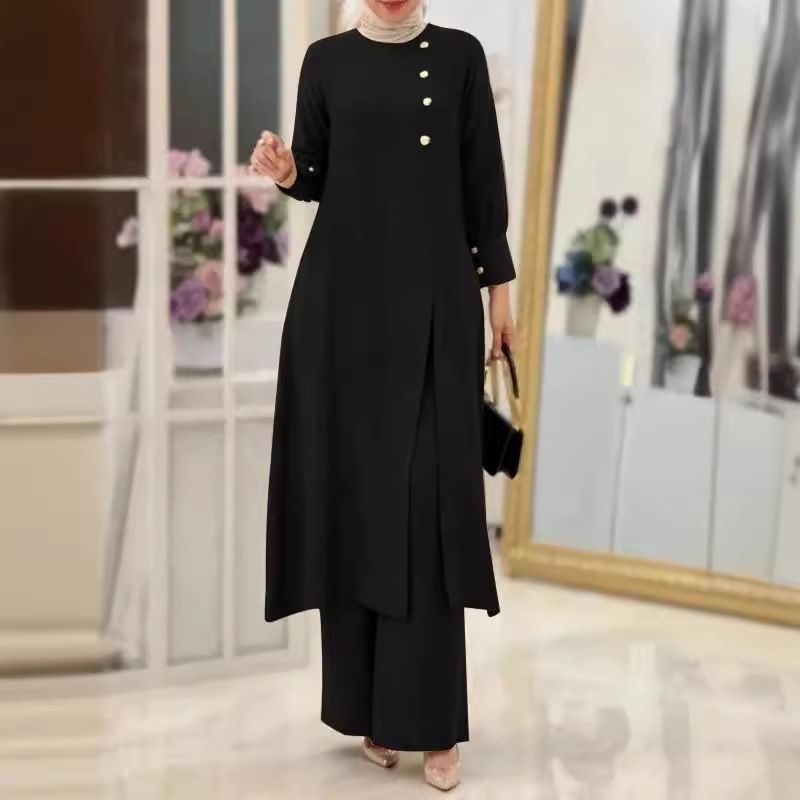 Completo da due pezzi per donna musulmana 2024, alla moda ed elegante, con camicia a tinta unita con spacchi laterali e pantaloni a gamba larga e lunga vestaglia._voghion.com
