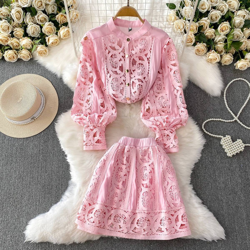 Ensemble trois pièces pour femme, haut à manches lanternes et jupe taille haute, style doux, crochet rose, dentelle ajourée, motif floral_voghion.com